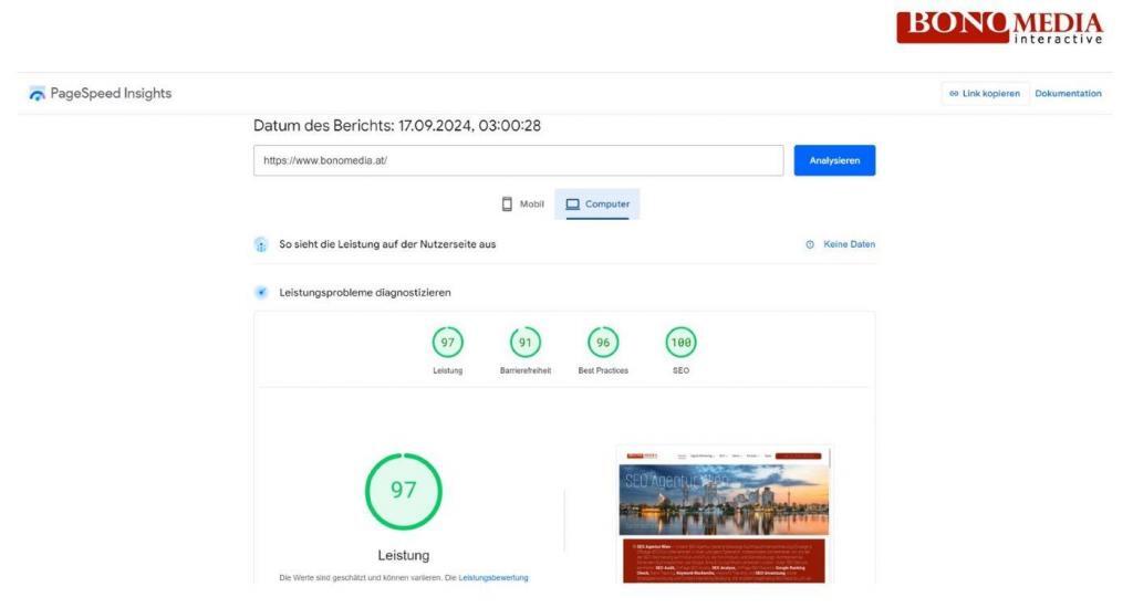 PageSpeed Insights am Beispiel SEO Agentur Wien