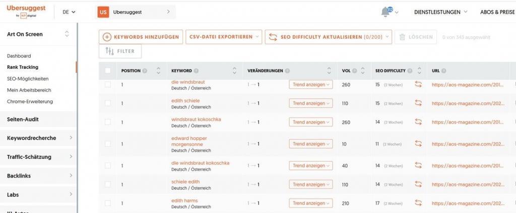 Rank Tracking relevanter Keywords, Google Analytics Daten
